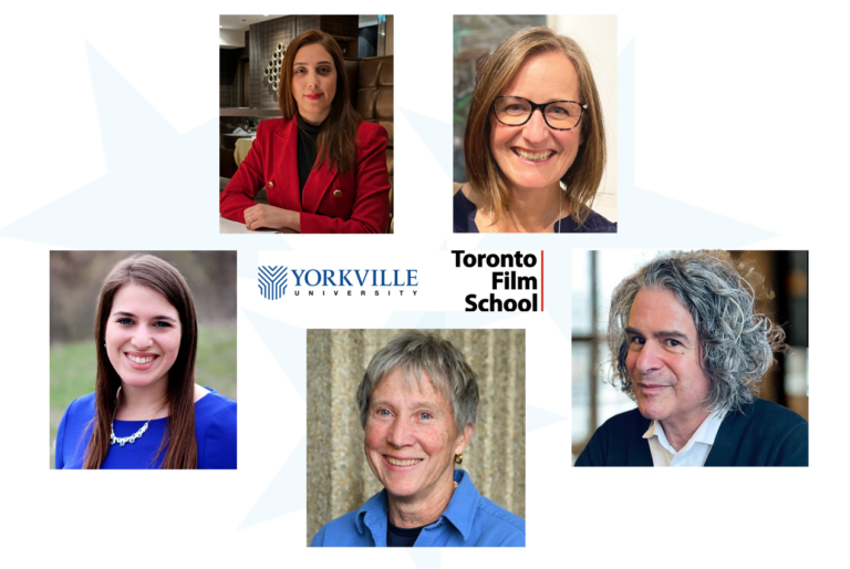 Composite photo of x5 headshots of the 2026 Recipients surrounding the joint logo of Yorkville University and Toronto Film School.