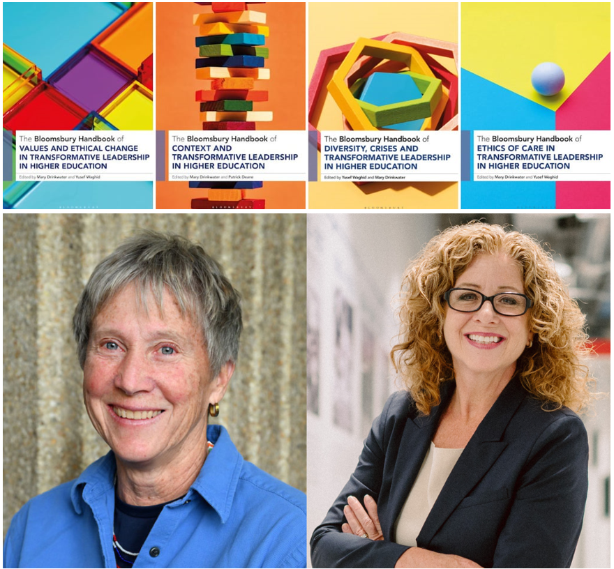 Covers of the four volumes in the Bloomsbury Handbooks of Crises and Transformative Leadership in Higher Education on top of headshots of Dr. Mary Drinkwater and Dr. Julia Christensen Hughes