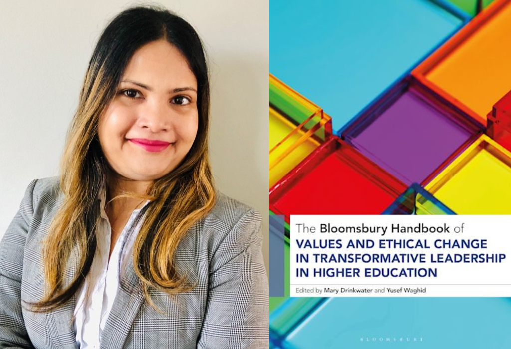 Headshot of Dr. Nishreena Nisham beside the cover of the Bloomsbury Handbook of Values and Ethical Change in Transformative Leadership in Higher Education.