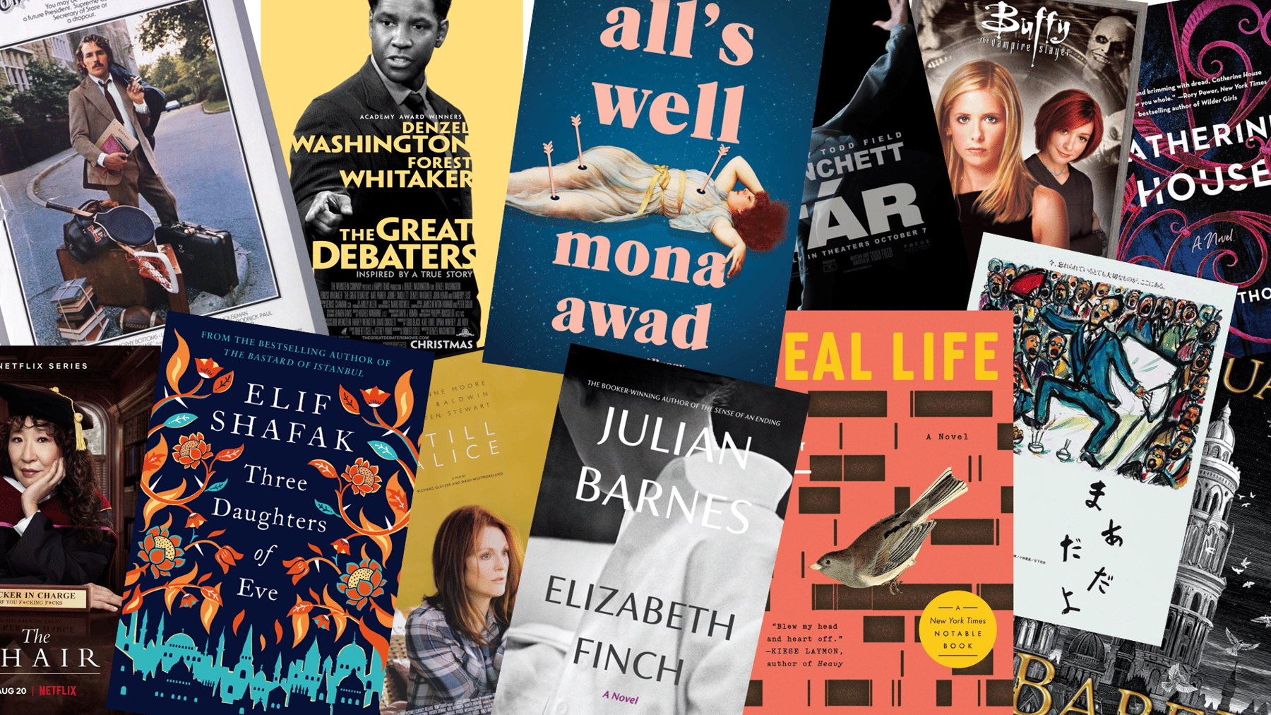 Covers of various books, movies, and TV shows that have representations of fictional teaching and classrooms as parts of their narratives.