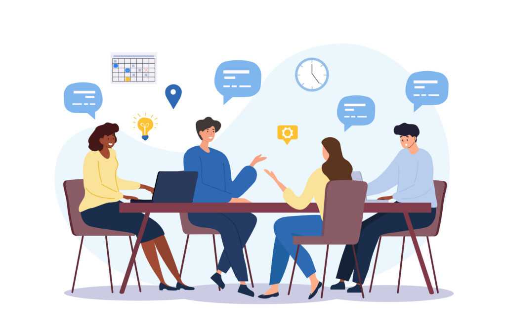 Four cartoon-styled human figures of sitting around a table in deep, energetic discussion as evidenced by the icons of lightbulbs, clocks, speech bubbles and more surrounding them.