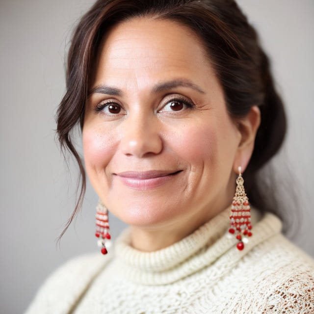 Dr. Joh wearing a white knit sweater with red-and-white beaded earrings and long dark hair pulled back. She is smiling into the camera.
