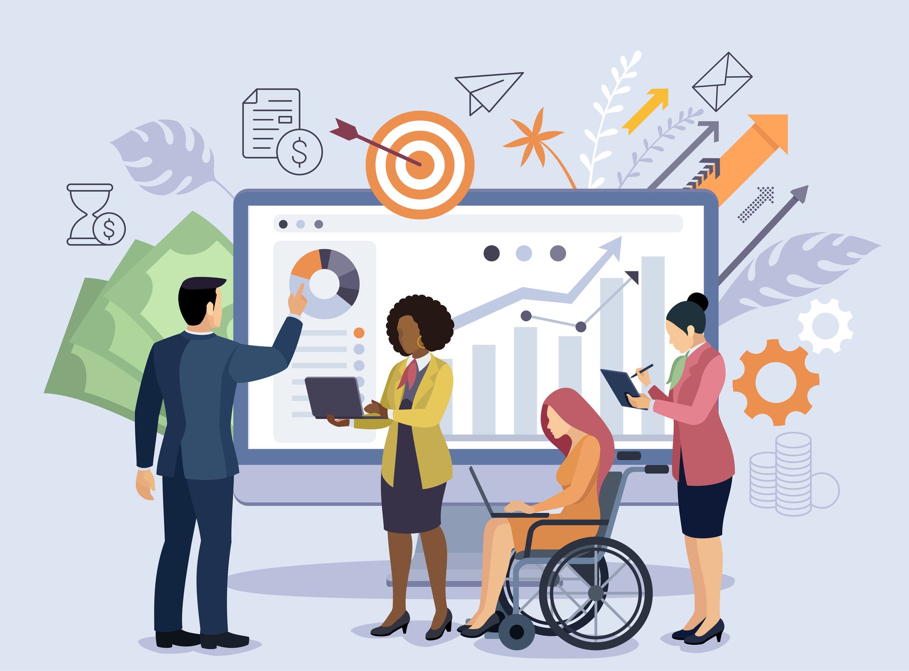 Graphic cartoon image of diverse human figures engaged in research, teaching, and learning activities.