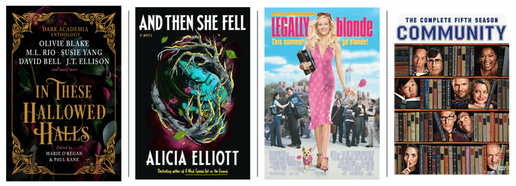 Four covers of media with representations of fictional classrooms in them - from left to right, "In These Hallowed Halls," "And Then She Fell," "Legally Blonde," and "Community: Season 5."