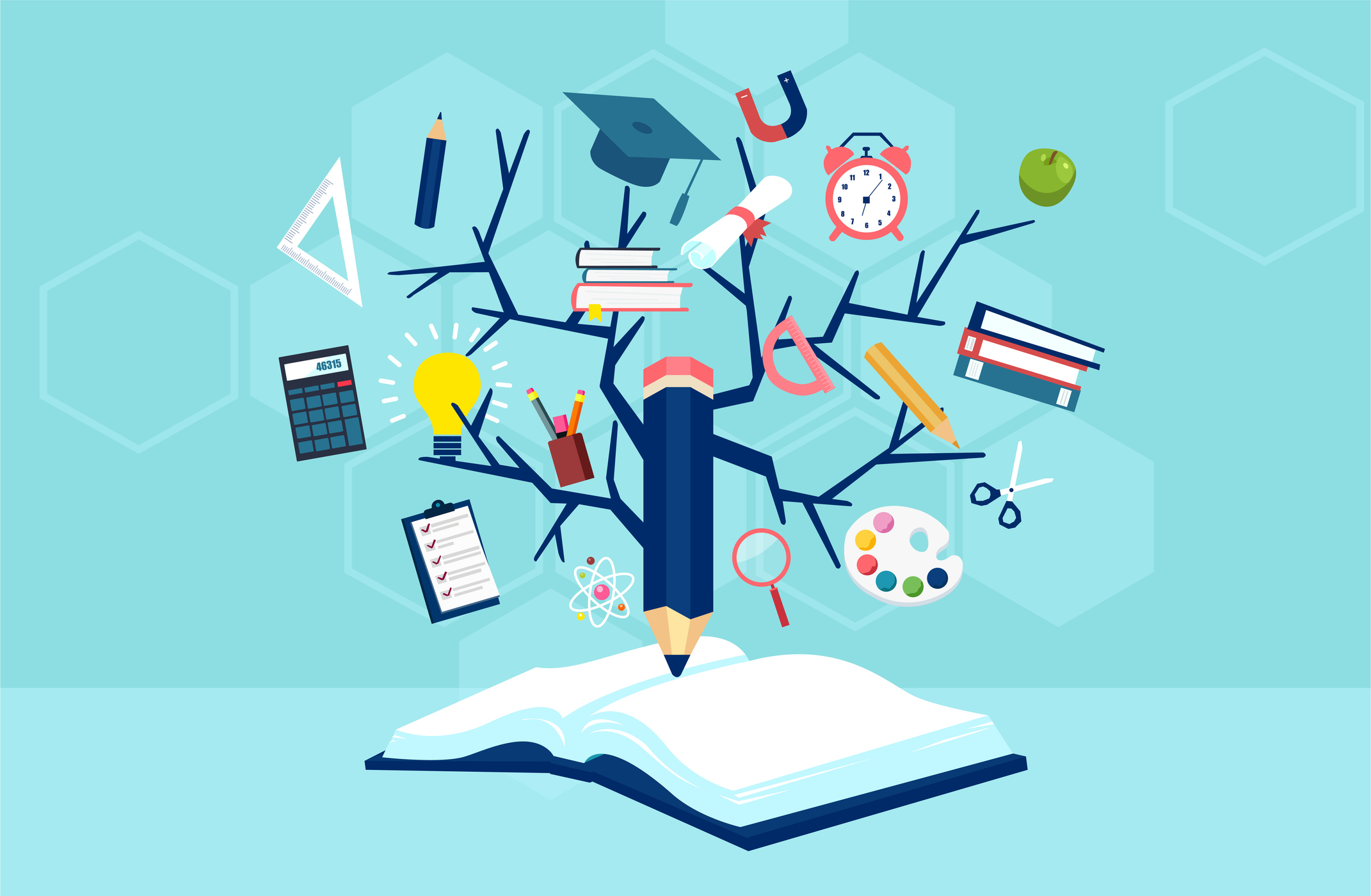 A sketchbook open with a pencil about to touch page and icons of teaching, learning, and creativity in an image-cloud surrounding the pencil like leaves on a tree's branches.