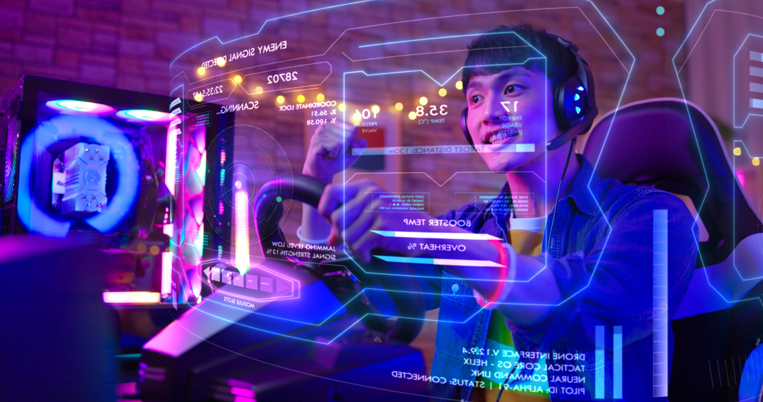 A young person wearing a headset and smiling while using a futuristic virtual interface in neon-lit room.