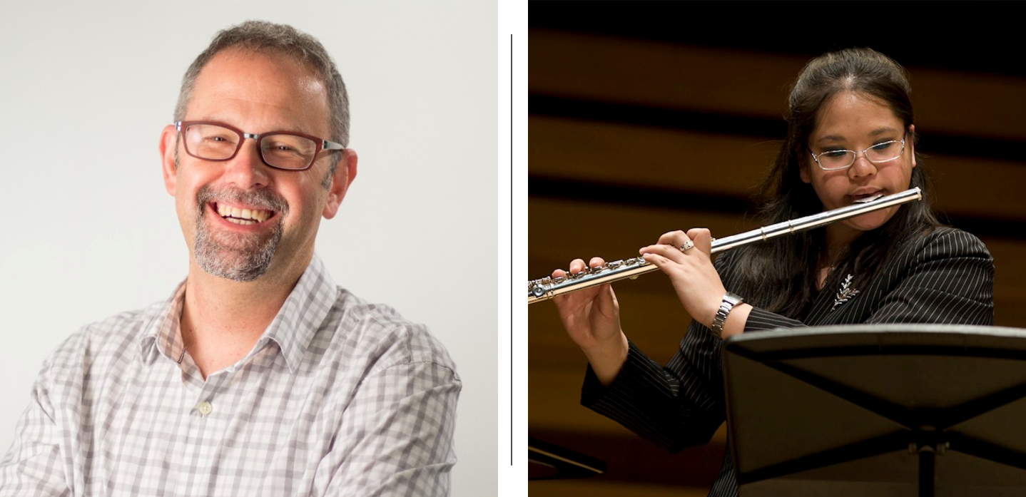 Composite image of Michal's headshot, in which he is wearing glasses and white-and -grey plaid collared shirt and smiling authentically beside Sam's headshot, which she is wearing glasses, and pinstriped blazer, and playing the flute while reading sheet music.