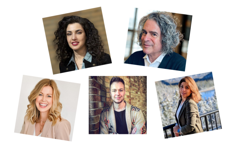 5 professional headshots in circular shape. Clockwise from the top: Alan Resnick (Screenwriting, Toronto Film School), Behnoosh Khoramrooz (Liberal Arts, Yorkville BC), Jordan Raymond (MEd, Yorkville NB), Erin Martyn (BID, Yorkville ON), and Mona Hoorvash (Liberal Arts, Yorkville BC).