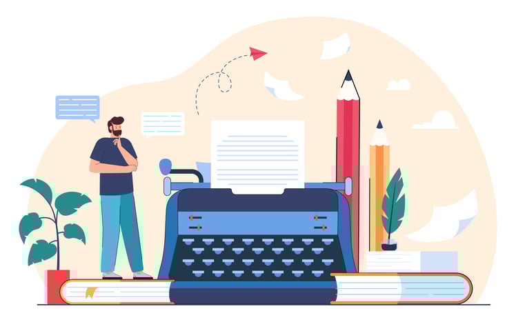 Cartoon-style graphic of a typewriter with some books, pencils, and a human figure standing in thought with their arms across their chest and a paper airplane passing through the air above them.