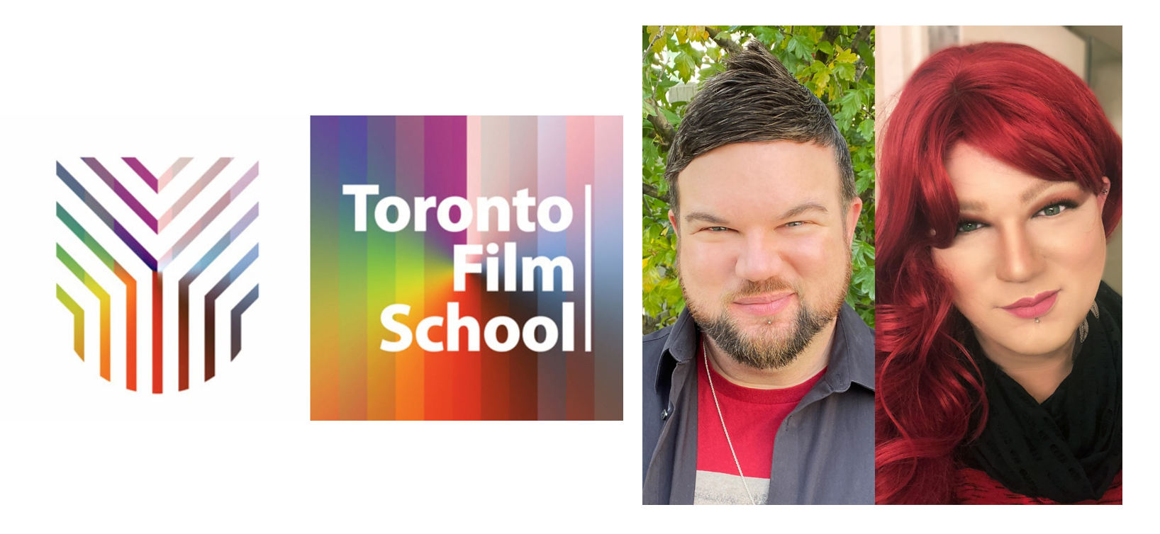 Rainbow-coloured logos for Yorkville U and TFS beside Dr. Tommy's double-headshot photo in and out of drag.