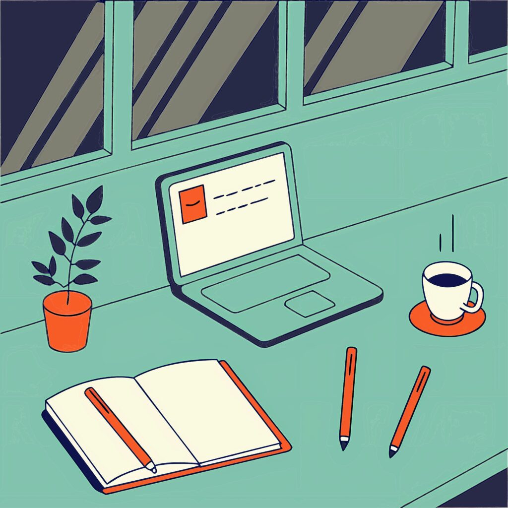 A steaming cup of espresso beside a laptop computer on a desk with pencils and pens around an open notebook-journal. There is also a small leafy plant in a pot on the desk, too.