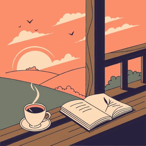 A steaming cup of tea beside an open book on a wooden deck overlooking rolling hills while the sun rises on the horizon line with a few birds flying in the clouds around it.